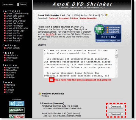 AmoK DVD Shrinker公式サイト/本体ダウンロードページ